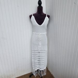 Crochet Knit Maxi Long Dress Cover Up Beach Vacation White Fringe 2XL